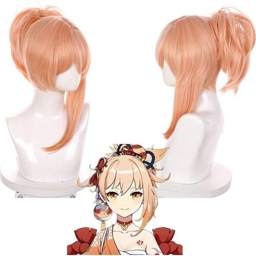 Game Genshin Impact Yoimiya Cosplay Wig Horsetail Short Hair Heat Resistant Synthetic Hair Women Girls Halloween Carnival