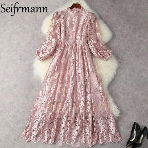 Seifrmann New 2021 Autumn Women Fashion Designer Party Maxi Dress Lantern Sleeve Gorgeous Embroidery Elegant Ladies Mesh Dresses