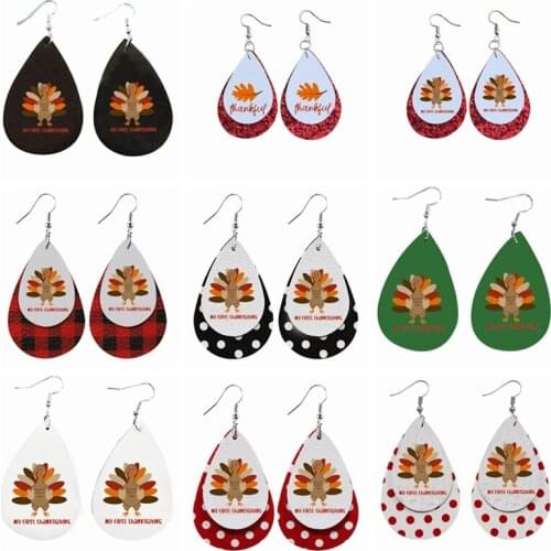 Faux Leather Thanks Giving Teardrop Earrings Wholesale Bulk Order Stock Buffalo Plaid Glitter Earrings