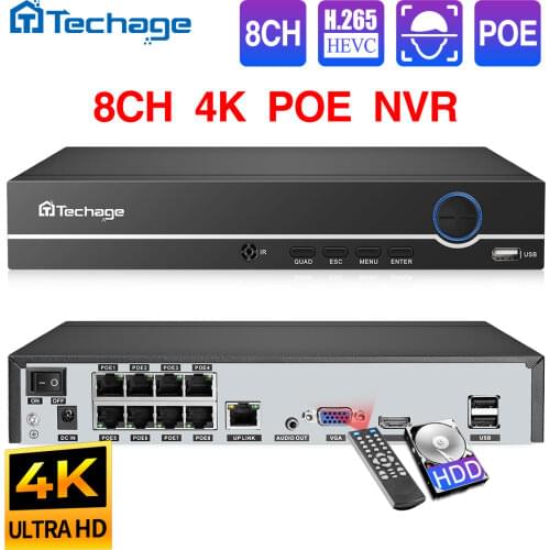Techage H.265 4CH 8CH 4MP 5MP 1080P POE NVR Audio Out Security Surveillance Network Video Recorder Up to 16CH For POE IP Camera