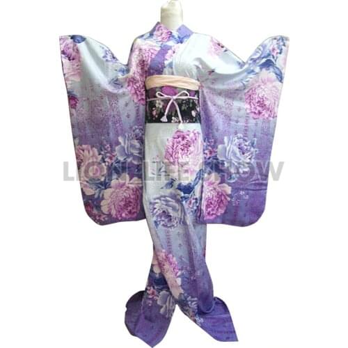 Japanese Geisha Traditional Women Blue Floral Furisode Kimono Cosplay Costume