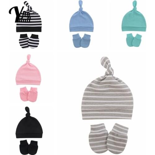 Yundfly Soft Breathable Cotton Newborn Hats and Glove Set Fashion Handmade Knotted Infant Cap Baby Anti-Grab Face Protect Mitten
