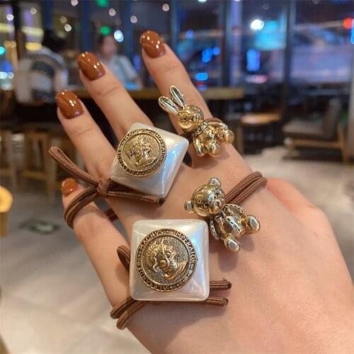 Vintage Pearl Alloy Golden Hair Tie Hair Accessories for Women Geometric Rabbit Bear Bohemia Amber Elastic Hair Bands Scrunchies