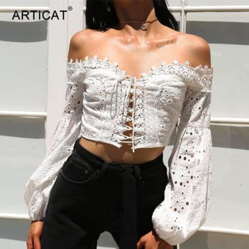 Articat Off Shoulder Lace-up Backless Women Blouses Summer 2021 Boho Embroidery Floral White Blusas Elegant Lantern Sleeve Shirt