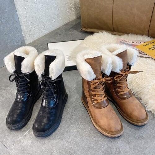 2021 Winter New Warm Mid-Calf Womens Snow Boots Ladies Fashion Lace-Up Comfort Waterproof Boots Women Vintage Flock Furry Boots