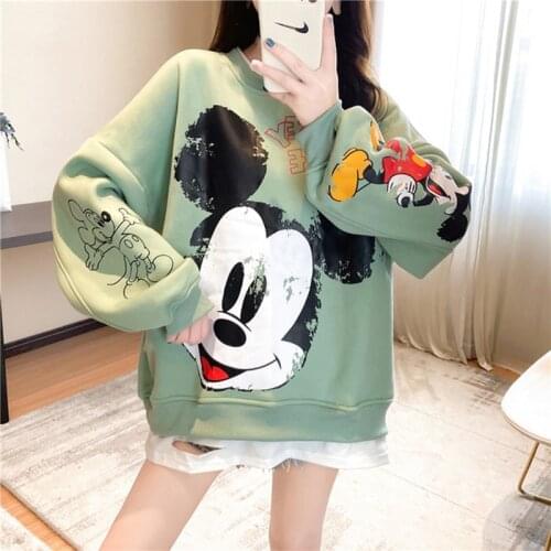 Disney Letter Fashion Sweatshirt Women Harajuku Mickey Pattern Printing Plus Velvet Thickening Fake Two Casual Loose Tops Female