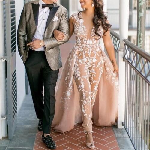 2021 V Neck Women Prom Illusion Dubai Saudi Arabic Formal Dresses Party Gowns Plus Size Sexy Long Evening Dresses Lace Jumpsuit