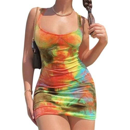 Women Fashion Tie-dye Printed Dress Summer Sexy Vest Style Mini Dress Female Casual Dresses Streetwear Vestidos