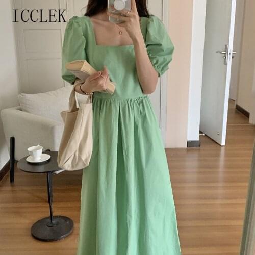 Elegant Solid square neck halter loose Waist Slim puff sleeve 2021 Summer New One-Piece Korean Womens Casual Office midi Dress