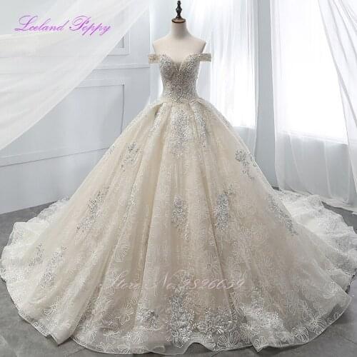 Luxury Crystal Beaded Ball Gown Wedding Dresses 2020 Lace Cathedral Train Off Shoulder Vestido de novia Bridal Gowns