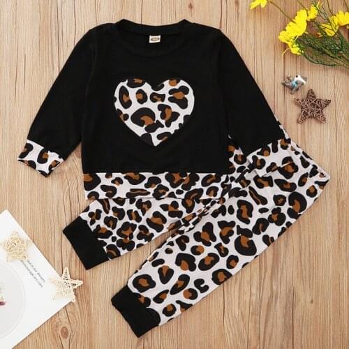 2020 Explosive Black Leopard Print Heart-shaped Print Middle Child Set Long Sleeve Plus Long Pants