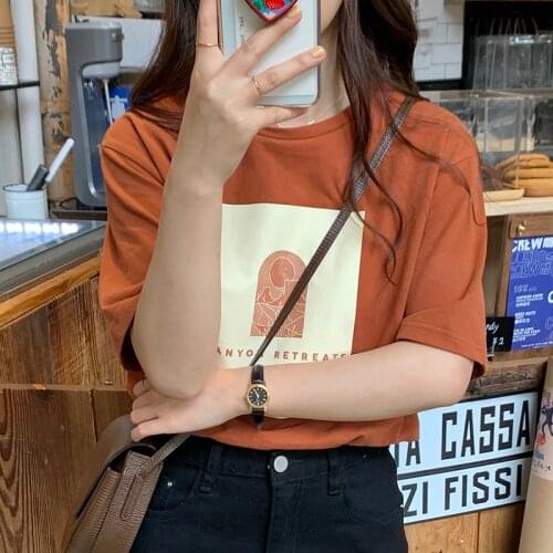 2021 Summer Women T-Shirt Ladies Korean All-Match Orange Letter Printing Loose Casual Round Neck Short-Sleeved Pullover