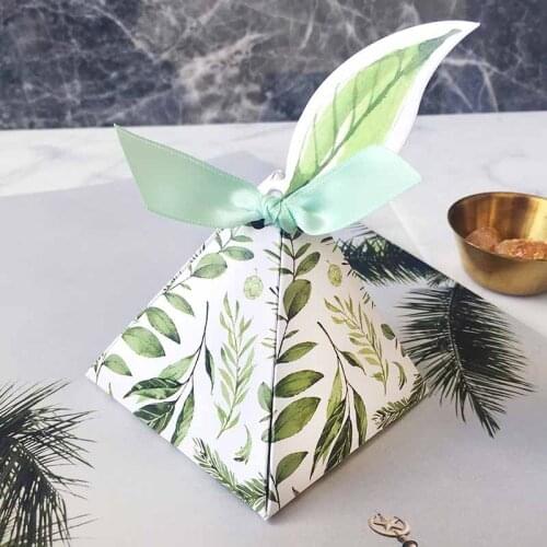 5pcs Green Triangular Pyramid flower leaves Paper Candy Box Gift Bag for country Wedding birthday Party baby bridal shower favor