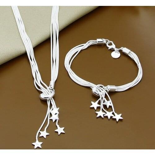 New 925 Silver Five Snake Chain Star Pendant Necklace Bracelet Set Wedding Engagement Jewelry Gift