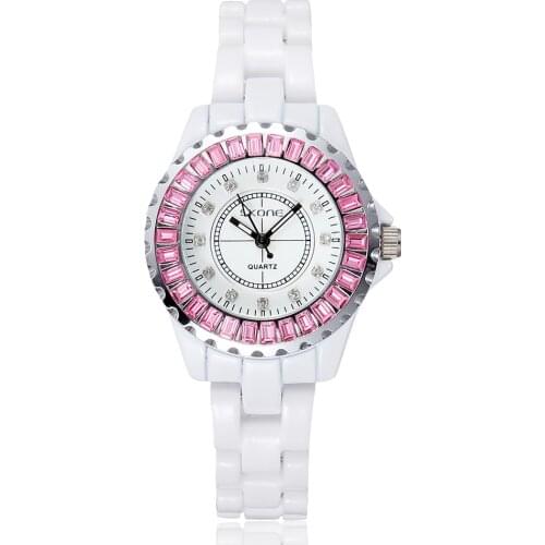 SKONE Luxury Rhinestones White Imitation ceramic Watch Women Luxury Brand Watches Gear Alloy Quartz Ladies Watch Female Clock