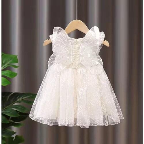 2021 Baby Girls Fashion Dot Mesh Butterfly Sleeveless Dress Kids Sumer Princess Dress Children Birthday Party Clothes Vestidos