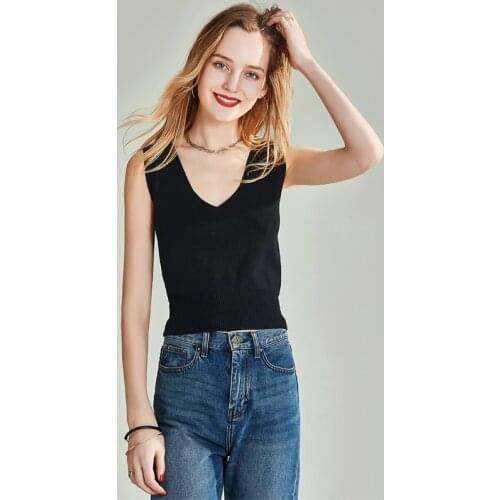 HAVVA 2020 Summer Solid Colour Ice Silk V-neck Knit Vest Waist Tightened D47520