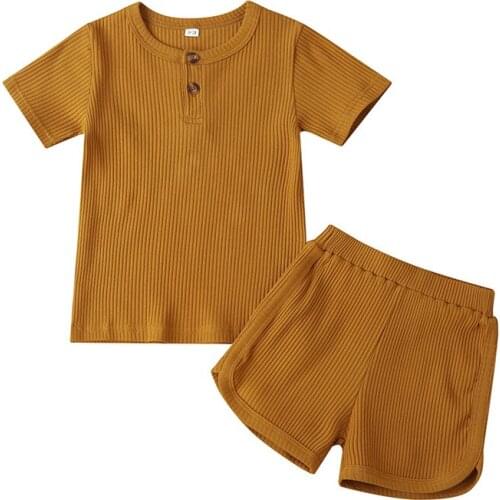 Summer Kids Boy Girl Outfit Solid Color Short Sleeve Button Tops and Short Pants 2-piece Suits Unisex Kids Clothing Set