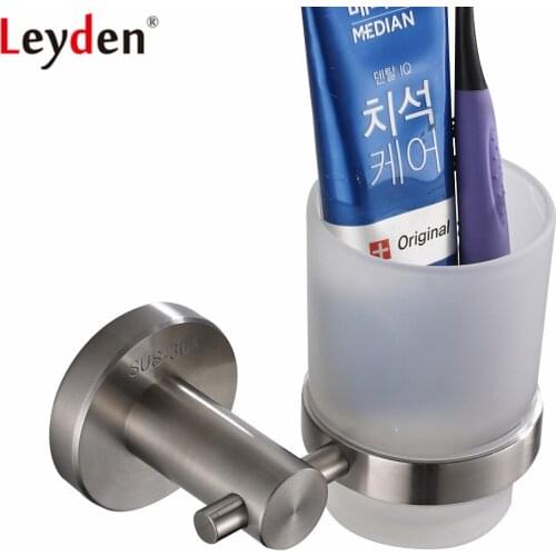 Leyden Brushed 304 Stainless Steel Wall Mounted Single ToothBrush Holder With Glass Cup Holder Bathroom Accessories