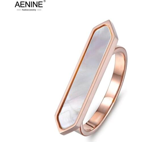 AENINE Trendy Rose Gold Anniversary Rings For Women Arrow Design Stainless Steel White Shell Party Ring Christmas Gifts AR17031