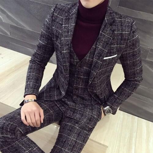 2021 Mens Suits Plaid Groom Wear Tuxedos Korean Slim Mens Plaid Three Piece Suits Casual Large Size Suit Grooms Best Man Suit