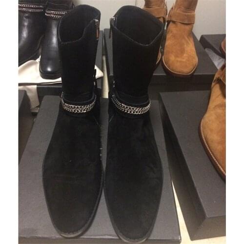 Real Picture High Top Black Suede Buckle Strap Chain Boots Genuine Leather Chelsea Boots men PLUS SIZE 37-46