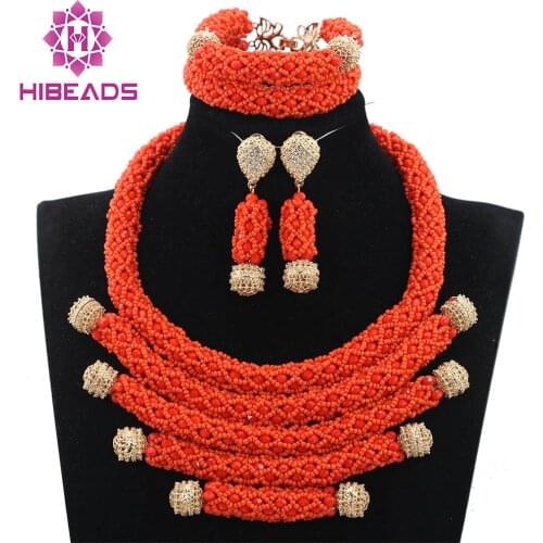 2021 Latest Deep Coral African Beads Jewelry Set Wedding Nigerian Bridal Costume Jewelry Set New Free Shipping WD846