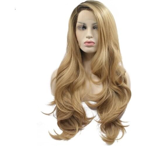 Sylvia Synthetic Lace Front Wig Ombre Blonde Body Wavy Brown Roots Heat Resistant Fiber Hair Wig Glueless For Women Side Part