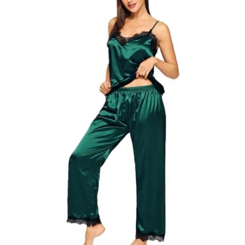 2Pcs Pajama Sets Women Sexy V Neck Lace Patchwork Camisole Sleeveless Shirt Long Pants Sleepwear Pajamas Loose sleepwear 2021