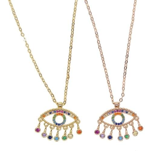 Drop shipping colorful cz drop charm Gold filled turkish evil eye lucky necklace rainbow cz stone delicate sparking cz jewelry