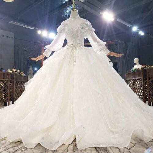 Luxury Full Pearl Flower Beaded Ball Gown Wedding Dress 2021 Vintage Long Sleeves High Neck Plus Size Bridal Gown