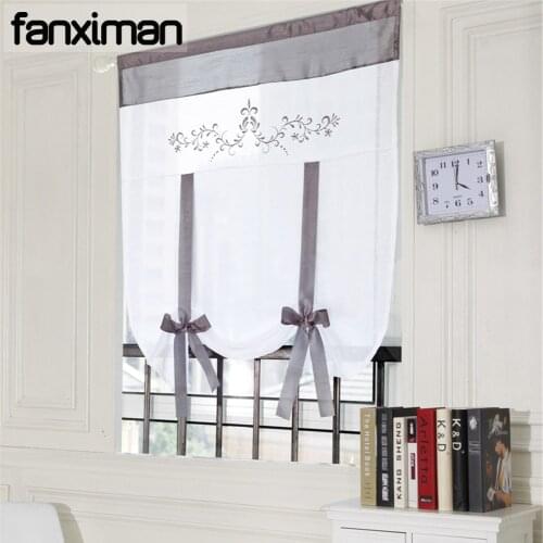 1 PC Polyester Fabric Short Sheer Roman Shades Curtains For Living Room Bedroom Window Blinds Embroidered Leaves Ribbon