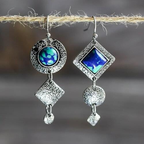 Vintage Asymmetrical Geometric Round Tribal Earrings 2019 New Boho Turquoises Features Texture Stone Earrings Gift Z4D330