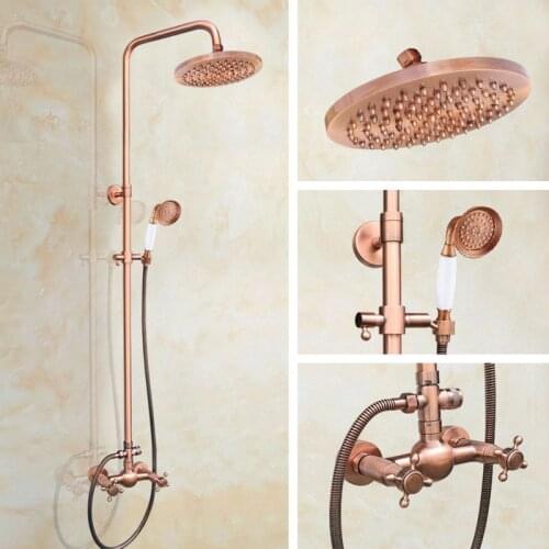 Vintage Retro Red Copper Brass Wall Mount Bathroom Rainfall Shower Faucet Set 8" Round Shower Head Dual Cross Handles arg526