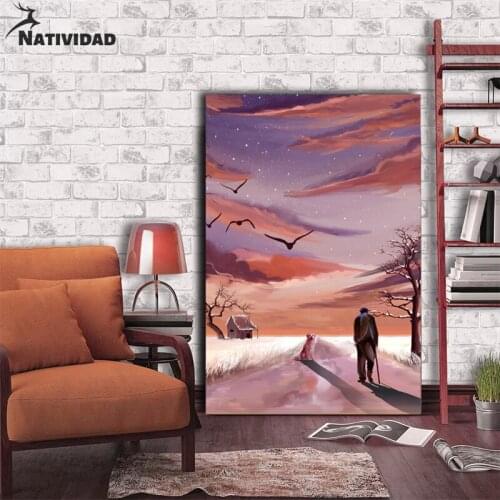 Sunset Hobble Old Man Dog Picture Canvas Painting Decoration Burning Cloud Sailing Boat Print Poster Living Room Room Home Decor