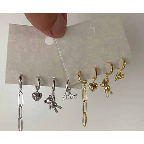 ALLNEWME Lovely Love Heart Bear Letters Pendant Earrings for Women Ladies Gold Silver Colour Metal Earrings Chic Accessories