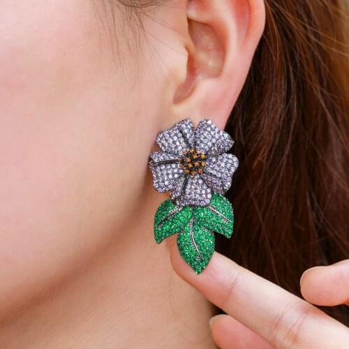 ThreeGraces New Flower Design Purple Green CZ Crystal Big Leaf Dangle Earrings for Women Wedding Party Costume Jewelry ER606