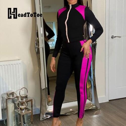 Colorblock Print Zip Causal Sporty Two Piece Outfits Long Sleeve Stand Collar Stand Collar Pencil 2 Piece Set Women