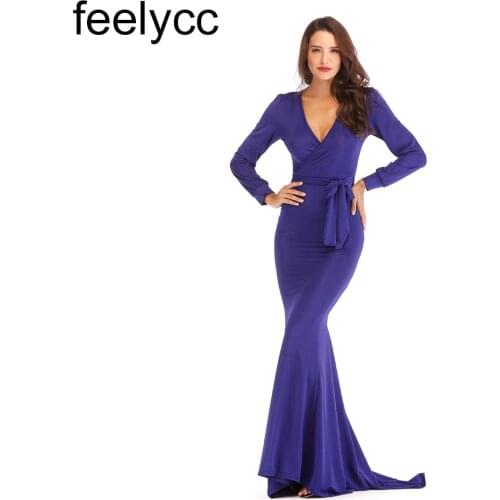 Ffeelycc Women Mermaid Long Dress V Neck Long Sleeve Sexy Evening Elegant Ladies Bodycon Wedding Maxi Party Dresses