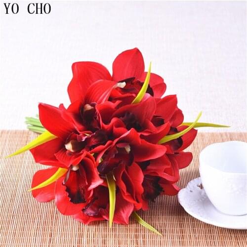 12 heads/Bouquet Orchids silk flowers bride hand flowers Cymbidium wedding flower bouquet home decoration artificial flowers