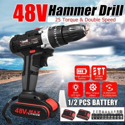 48V Multifunctional Cordless Rechargeable Electric Impact Drill Screwdriver Hammer Power Tools With LED Lighting For Home Car