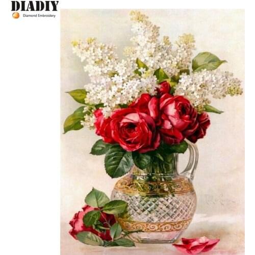5D Full Diamond Painting Cross Stitch glass vase Diamond Embroidery pattern Diamond Mosaic red flowers picture rhinestone pastes