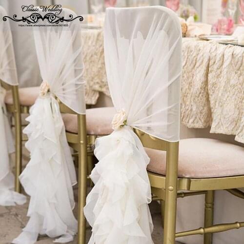 Free Shipping White Chiffon Willow Ruffle Chair Cap Chiffon Ruffled Chair Sash for Wedding Decor