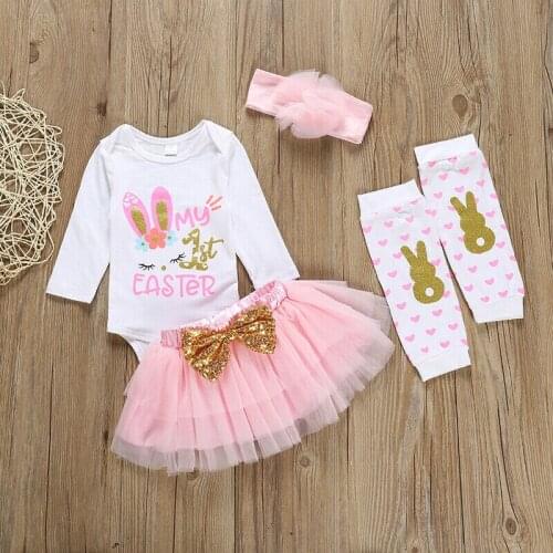 Cute My 1st Easter Newborn Baby Girl Clothes Tops Bodysuit+ Tutu Skirt Outfits 4PCS 0-18M