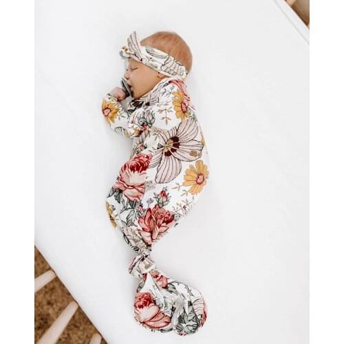 Newborn Toddler Baby Floral Sleepbag Cotton Blanket Swaddle Wrap Gown Sleepbag + Headband Set