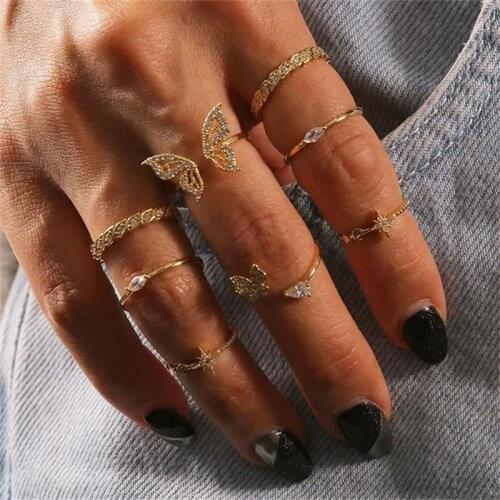 2020 New Trendy Butterfly Wings Rings Set Golden Geometric Irregular Acrylic Stone Clear Rhinestone Finger Jewelry Women Gifts