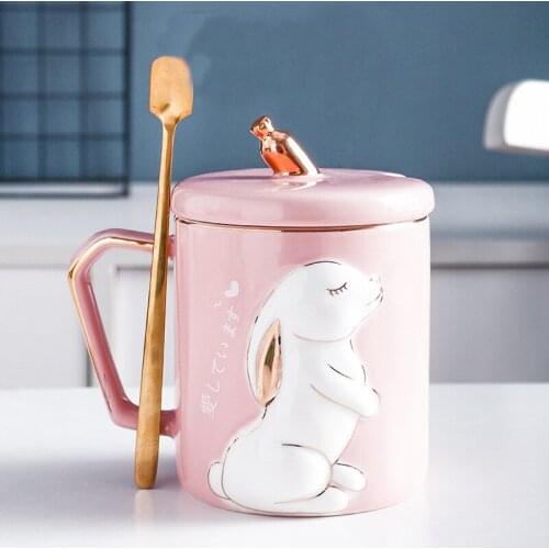 Cartoon rabbit pattern mug with spoon lid Ceramic Tea Cup Water Drinkware gift box for Valentines Day