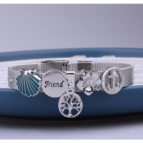 Fashion Stainless Steel Woman Men 10mm Ribbon Mesh Bracelet Set Heart Anchor Charm Fine Bracelet Bangle for Female Lover