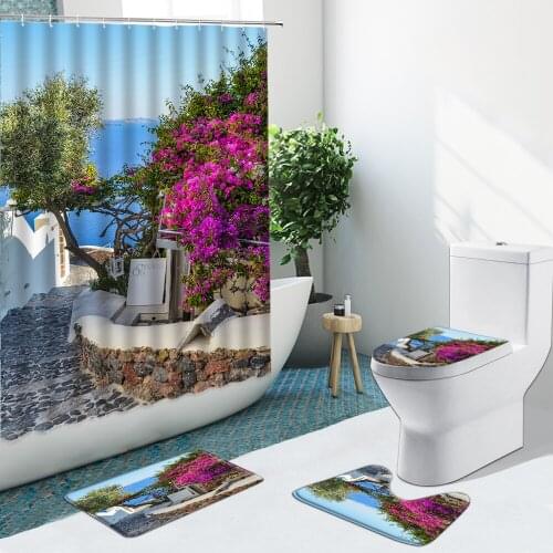European Style Street View Flower Sea Shower Curtain Green Plants Non-Slip Flannel Rugs Toilet Cover Bathroom Set Bath Mat Decor