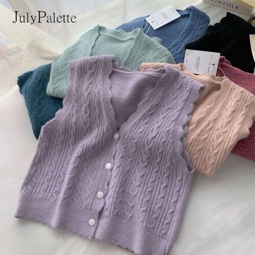 JulyPalette 2021 New Loose Single-breasted Knitted Vest Korean V Neck Sleeveless Female Waistcoat Solid Color All-match Tops